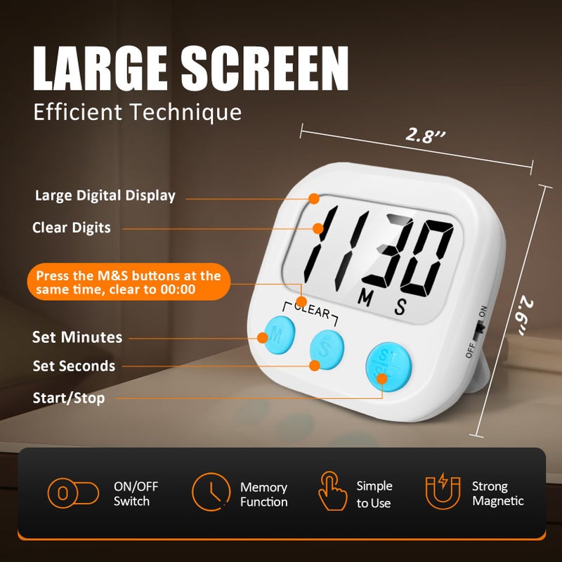 AOUCE 2 Pack Digital Kitchen Timer for Cooking Big Digits Loud Alarm Magnetic Backing Stand Cooking Timers for Baking White - Image 4